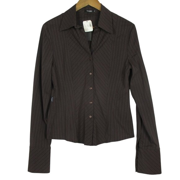 Toi & Moi Blouse Fitted Brown Button Down Pinstripe French Cuff Size L NWT $58 - Picture 1 of 7